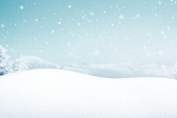 serene winter landscape in minimalist style captures snowy field under pale blue sky with delicate snowflakes gently