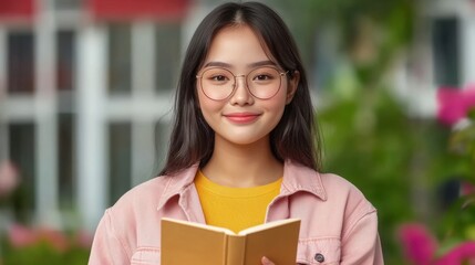 Fototapeta premium Young Woman with Book in Garden Smiling and Enjoying Reading Time