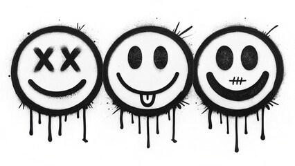 black spray-painted smiley faces with unique expressions on white
