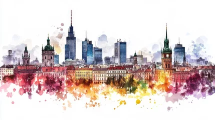 Papier peint photo intissé Watercolor Warsaw Skyline Panorama - Vibrant watercolor painting of Warsaw's cityscape, showcasing its blend of modern and historical architecture, a symbol of resilience, urban development