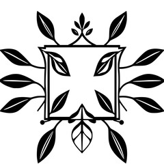 Geometric Black and White Floral Design: Square Frame with Leafy Embellishments, Minimalist and Symmetrical.