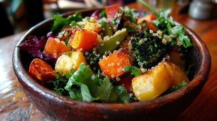 Roasted Vegetable and Quinoa Salad in a Wooden Bowl