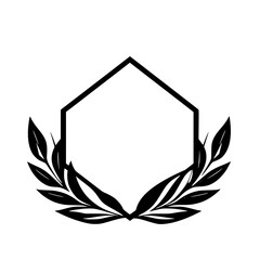 Obraz premium Geometric Hexagon Frame with Laurel Leaf Wreath in Black and White, Minimalist Design for Invitations and Logos.