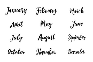 Names of Months of the Year Written By Hand. Calligraphy Words Template for Calendar or Planner. Vector Illustration