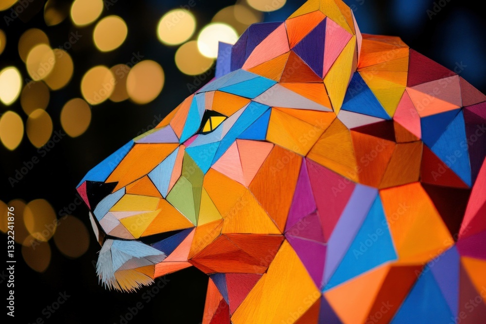 Poster vibrant geometric representation of a lion showcasing bright colors and intricate patterns against a