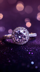 Fototapeta premium close-up shot of a diamond ring sparkling brilliantly against a plush vertical, purple background