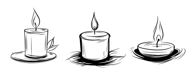 hand drawn candle set with flame black and white sketch vector illustration