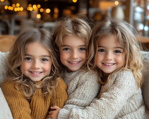 Happy triplets cuddling indoors