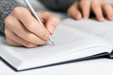 close-up of person hand writing notes in open textbook natural lighting highlights page ample copy space surrounds