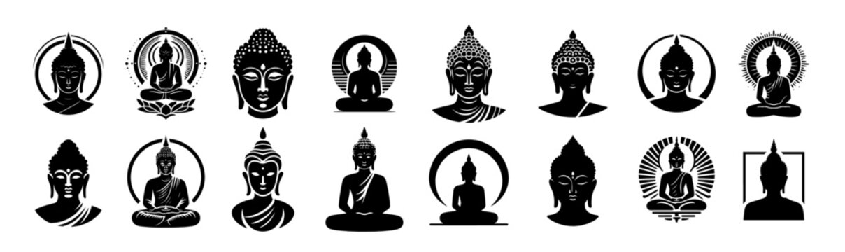 collection of buddha silhouettes and head illustrations in various meditation poses and styles