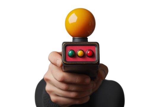 A Hand Gripping A Retro-futuristic Gaming Controller, Its Vibrant Yellow Orb And Red, Green, And Yellow Buttons Promising A Thrilling Arcade Adventure Against A Clean White Backdrop Isolated on Transp