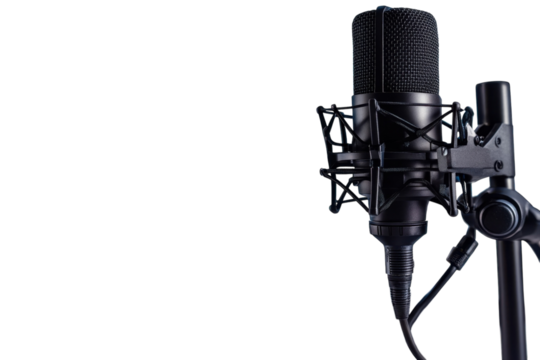 A Powerful Black Microphone Poised To Capture Voices, Ready To Broadcast Stories And Share Experiences Against A Clean White Backdrop Isolated on Transparent Background