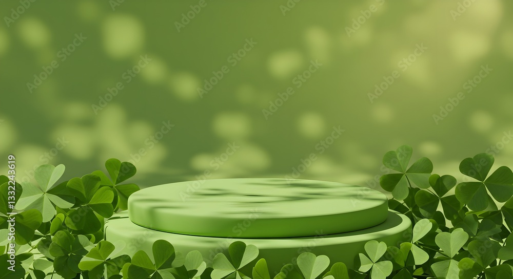 Poster a serene green background with a smooth circular platform surrounded by vibrant clovers, creating a 