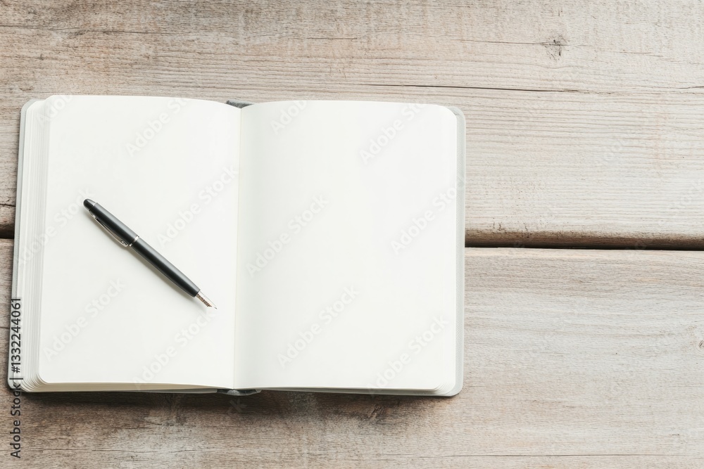 Poster minimalistic stock photo of open journal with pen resting on blank page placed on rustic wooden tabl
