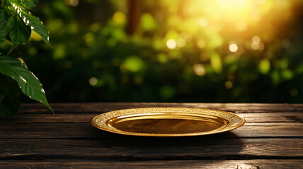 Obraz premium golden plate rests on wooden table, illuminated by warm sunlight, surrounded by lush greenery. scene evokes sense of tranquility and elegance