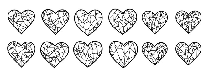 geometric heart shapes made of crisscrossing lines and abstract mesh patterns