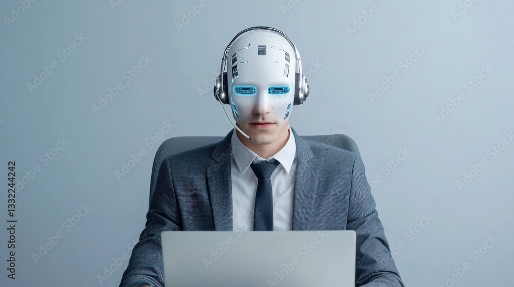 Poster futuristic robot operator working at computer in modern office setting