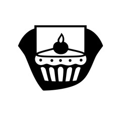 Black and white minimalist cupcake graphic with cherry, framed in a shield-like shape, modern and elegant.