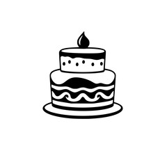 Two-tiered black and white cake with a drop-shaped topper, dots, and wave-like details on a serving platter.