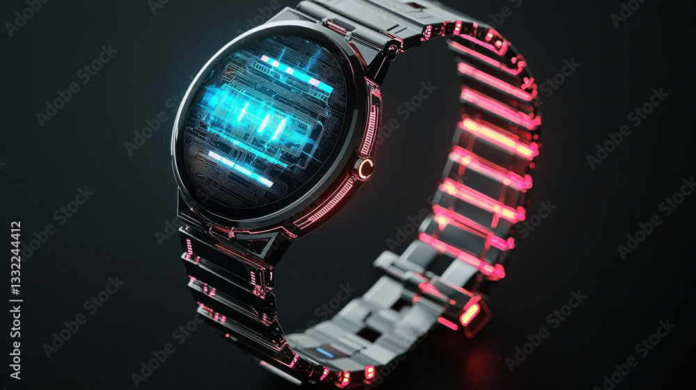 Poster wireless technology and future wifi concept, futuristic smartwatch with holographic display and glow