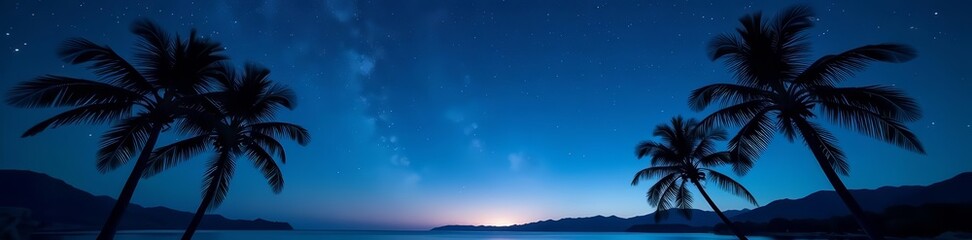 Black palm trees silhouette under starry night sky in peaceful nature scene, palm trees, serene