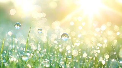 Obraz premium Bright sun shining over green grass with water droplets and bubbles