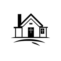 Simplified black and white illustration of a house with chimney, a gabled roof, door, and a window, on a slight curved ground.