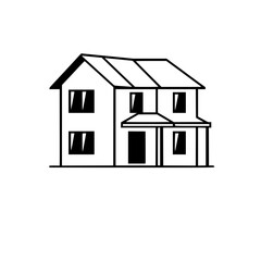 Two-story house icon rendered in a clean black and white line art style, featuring symmetrical windows, a front porch, and a gable roof.