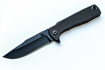 Black tactical knife on solid white background. Neural network AI generated