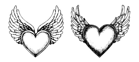 vintage winged heart vector set in engraved tattoo style
