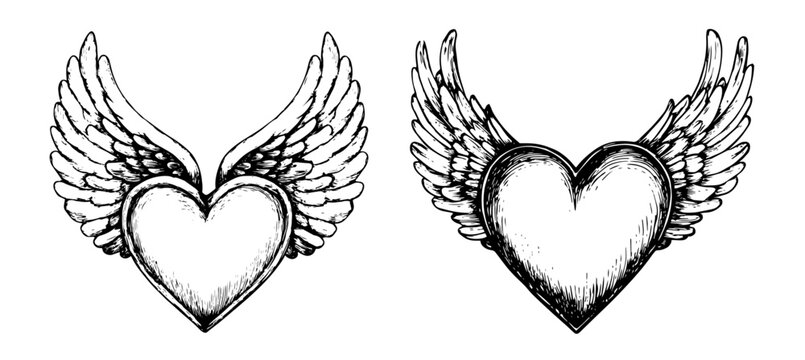 vintage winged heart vector set in engraved tattoo style
