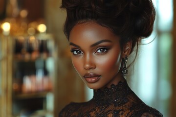 Elegant Black Woman in Lace Dress, Close-Up Portrait