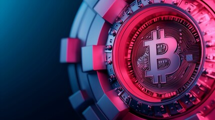 A digital illustration featuring a Bitcoin token surrounded by futuristic, abstract elements in shades of pink and blue.