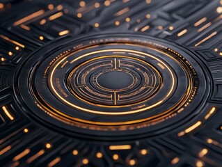 Fototapeta premium A close-up of a futuristic circuit design featuring glowing orange lines and a dark, intricate background, conveying a tech-inspired aesthetic.