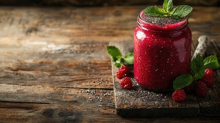 Delicious Berry Smoothie in a Jar with Chia Seeds and Mint