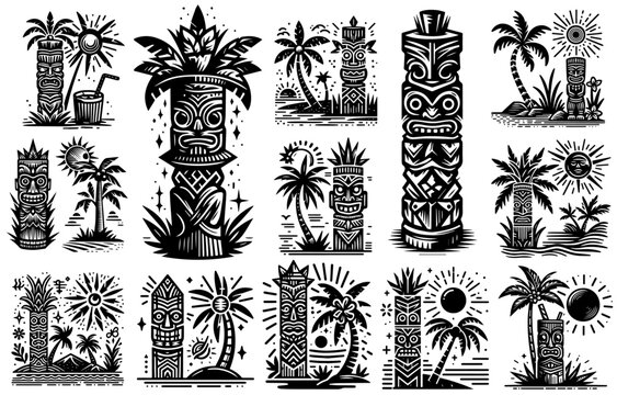 tiki totem and tropical island vector illustration set
