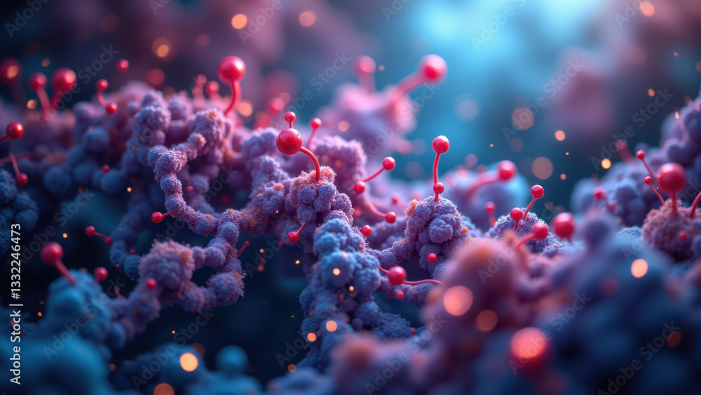 Poster a captivating microscopic view of a molecular structure in vibrant colors, resembling an intricate n