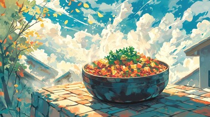 Steaming Bowl of Colorful Vegetable Stew Under a Sunny Sky