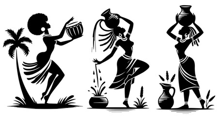 african women with water pots and drum vector silhouettes