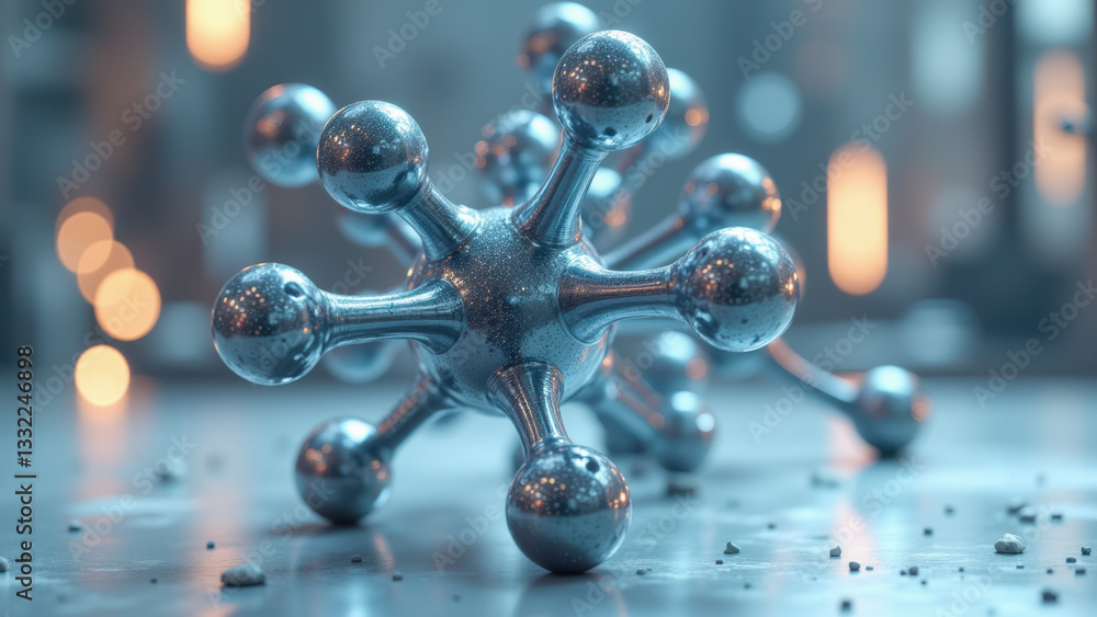 Poster close-up view of a metallic molecular model with intricate details representing a complex molecule o