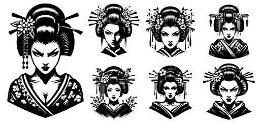 traditional japanese geisha portraits in classic tattoo flash style art