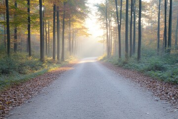 Fototapeta premium serene autumn landscape with colorful foliage covering peaceful forest pathway during golden hour