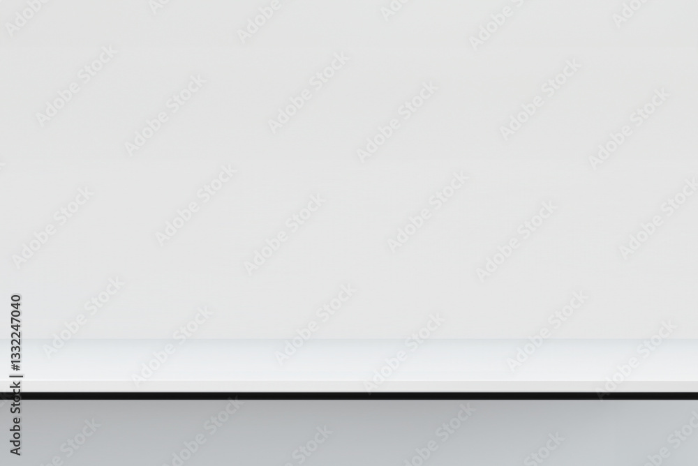Poster minimalist white and black desk with metal support, wall-mounted design, clean modern workspace with
