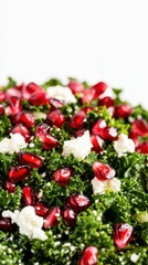 kale salad with pomegranate seeds, goat cheese, and citrus dressing, isolated on a white background, showcasing fresh ingredients and vibrant colors