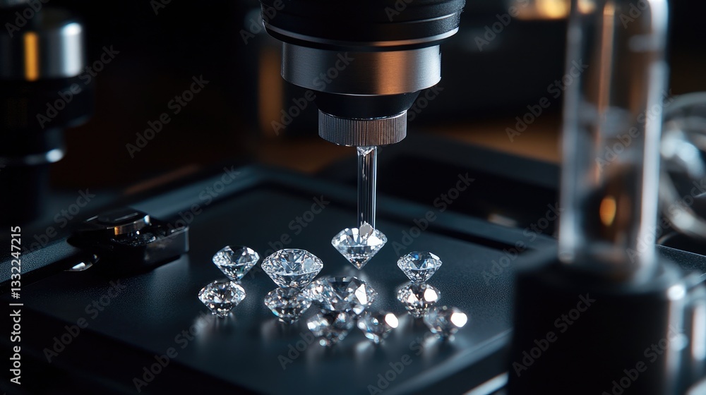 Poster a close-up of a diamond color grading process with a set of comparison stones under lab lighting.