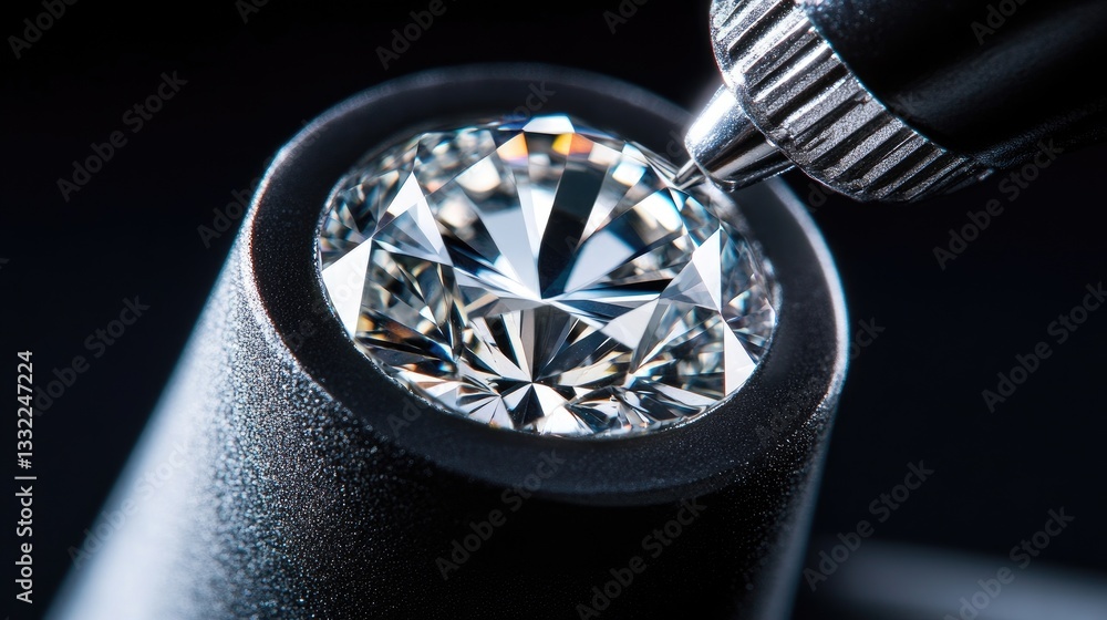 Poster a close-up of a diamond color grading process with a set of comparison stones under lab lighting.