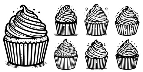 hand drawn cupcakes with frosting black and white dessert sketch vector