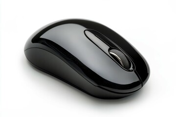 Black computer mouse with scroll wheel on white background. Neural network AI generated