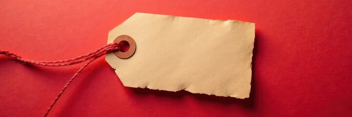 Recycled paper tag, scarlet thread, bright background, gift, earth