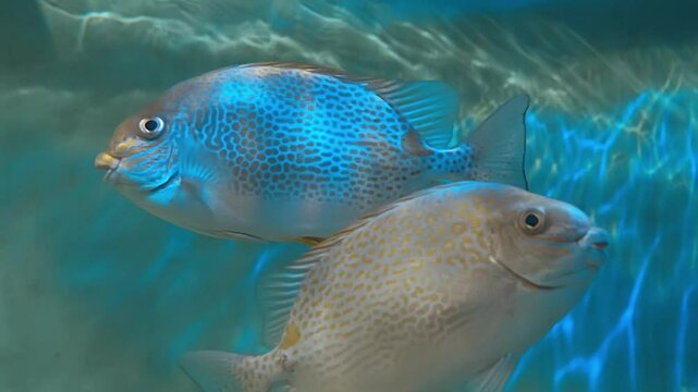 The orange-spotted spinefoot (Siganus guttatus, rabbitfish) floats in a water